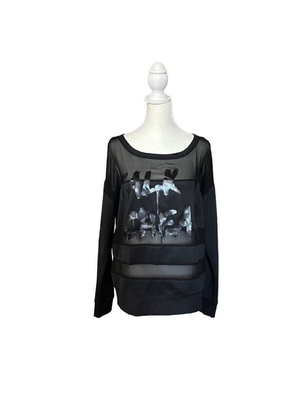 Rock & Republic Talk Is Cheap Moto Sheer Panel Graffiti Pullover Top Medium